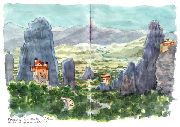 Meteora Greece sketch acuarela dibujo